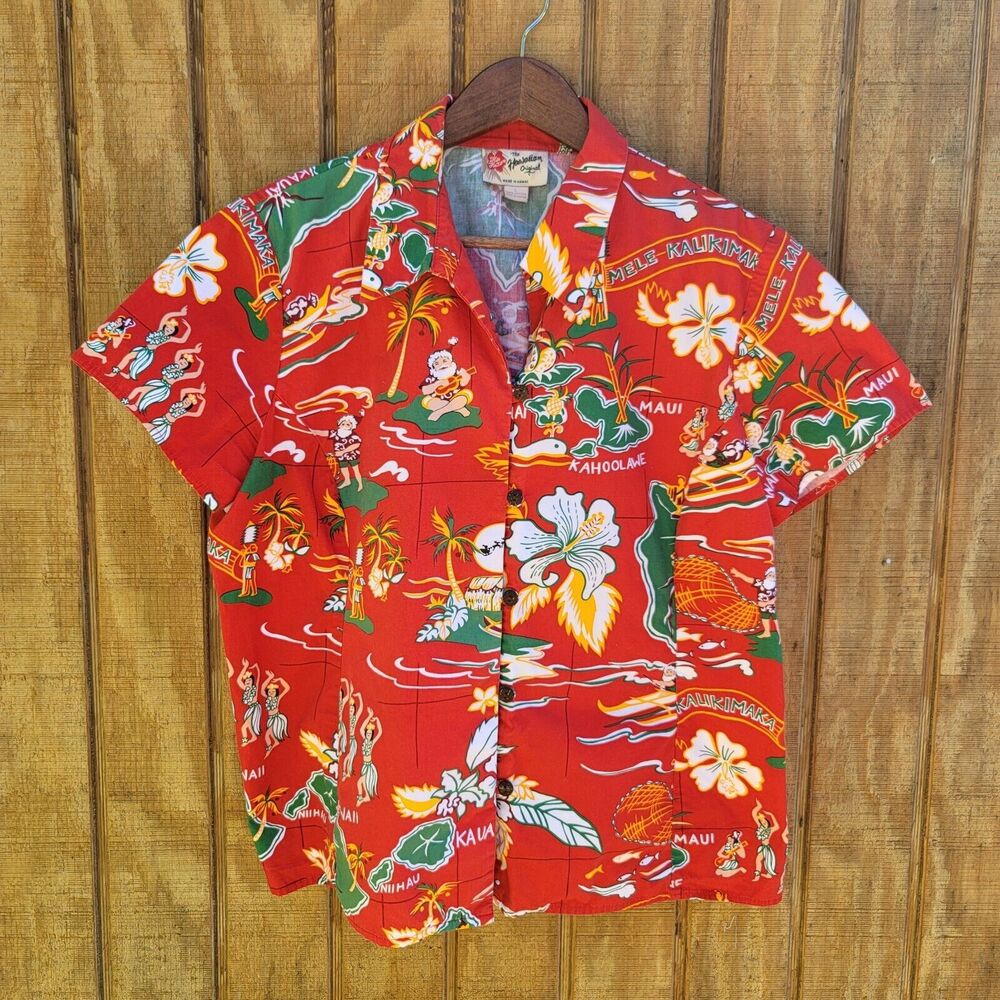 Hilo Hatties Santa On Vacation Faux Wooden Button Up Shirt Womens Size L - Picture 9 of 9